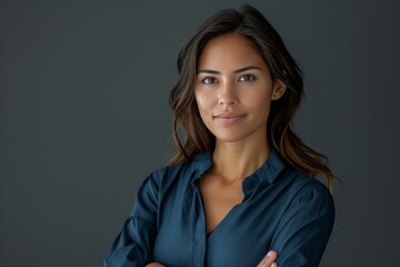 Fototapeta premium Confident and happy Latina female executive, fashionable in blue, with a joyful expression and arms crossed