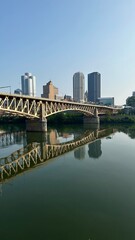 view of the bridge over the Monongahela river with a panorama of the Pittsburgh city in the background