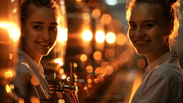 Happy workers oversee beer fermentation in stateo. Concept Beer fermentation, Craft brewery, Happy workers, State-of-the-art equipment, Quality control