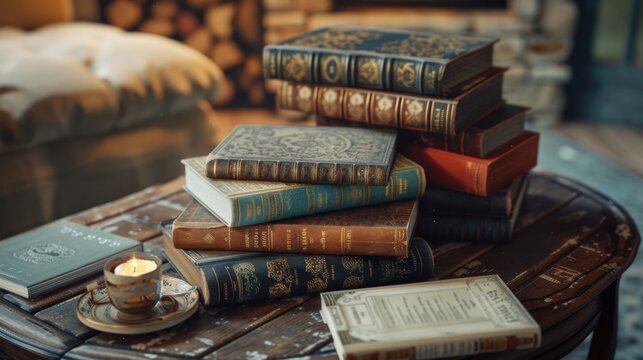 Cozy Reading Nook with Vintage Books and Warm Coffee Ambiance - Powered by Adobe