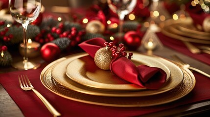 Festive Holiday Table Setting with Elegant Golden Decor - Powered by Adobe