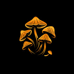 Gold Mushrooms Minimalist Art on a Black Background