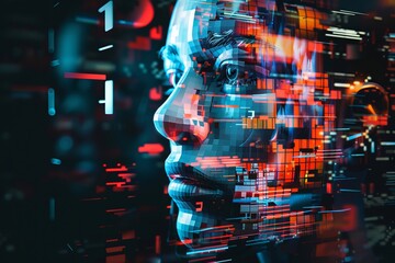 Design a face made up of distorted digital pixels, Futuristic , Cyberpunk