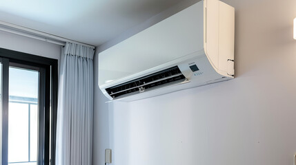 In a brightly lit room, an air conditioner hangs on the wall, effectively cooling the space