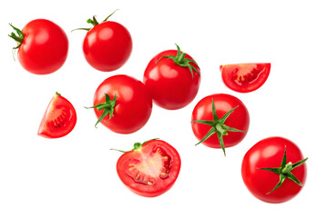 flying fresh tomatoes isolated on white background. clipping path