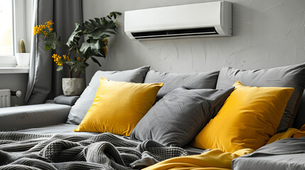 In a cozy room filled with natural light, a wall-mounted air conditioner above the sofa provides both warm and cool air