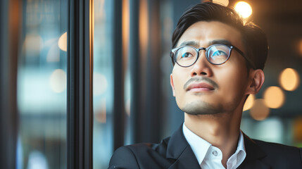 Fototapeta premium Chinese businessman looking out window in modern office