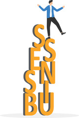 Businessmen balances on the word business-Business risk concept

