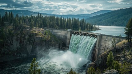 Water rushes through hydroelectric dam, Forest and mountains in distance