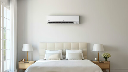 An air conditioner mounted on the wall of a warm, inviting bedroom filled with natural light