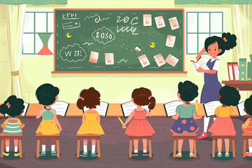 Woman teacher at chalkboard in classroom. Elementary school children studying in class room.