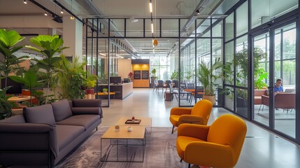 Spacious and modern co-working space with natural light and stylish decor in urban business hub