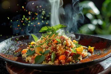 Moroccan Couscous with Vegetables and Aromatic Herbs, Traditional Cuscus, Moroccan Bulgur