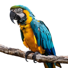 A beautiful blue and gold macaw parrot is sitting on a branch