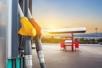 Conceptual fuel pumps at a petrol station during sunset.