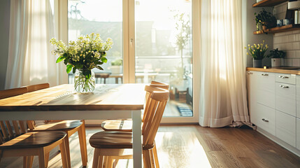 Cozy bright kitchen with wooden table and chairs in the sun's rays