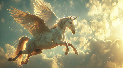 Beautiful white pegasus soaring in the clouds