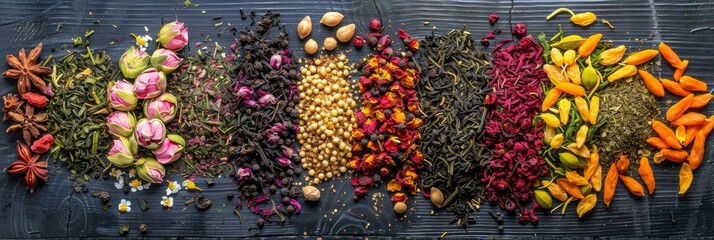 Herbal Tea Mixes Set Top View Flat Lay on Natural Background. Dry Organic Healthy Tea Leaves,...