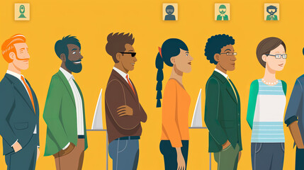  illustration of diverse business people standing in line for an interview, with job sims and icons on the background.  vibrant yellow backdrop professional atmosphere modern corporate office - obrazy, fototapety, plakaty