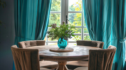 Cozy room with table and chairs by the window with turquoise curtains
