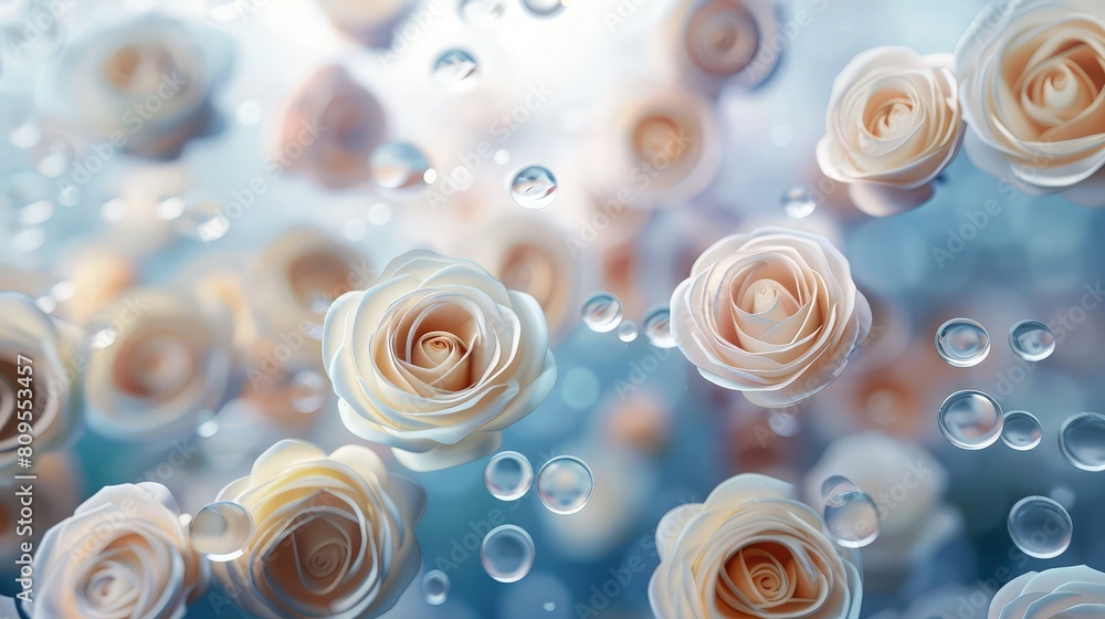 Poster a background with white roses adorned with water drops, creating a serene and elegant atmosphere wit