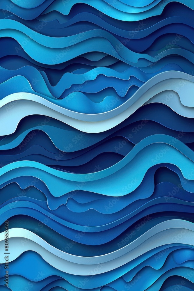 Poster a close-up view of a paper cutout featuring intricate blue waves, creating an abstract background