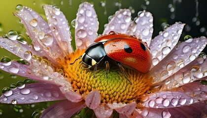 ladybug on flower close-up of a ladybug resting gracefully on a flower, surrounded by the sparkling morning dew. Taken with a specialized macro background
