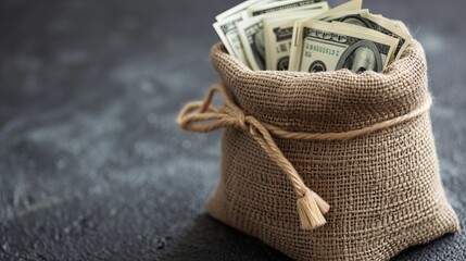 Burlap sack overflowing with dollar bills on a sleek gray surface: a visual metaphor for financial incentives and monetary rewards