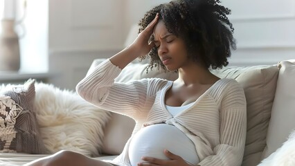 Pregnant woman with headache sitting on sofa touching forehead African American. Concept Pregnancy, Health, Headache, Self-care, African American