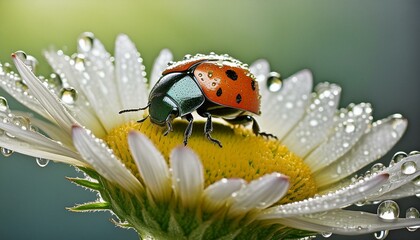 ladybug on flower close-up of a ladybug resting gracefully on a flower, surrounded by the sparkling morning dew. Taken with a specialized macro background