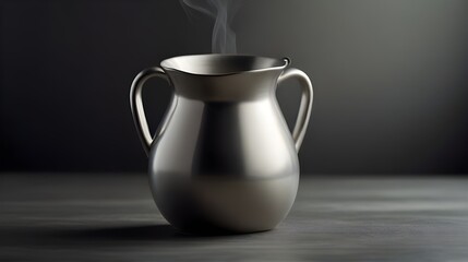 A sleek metallic jug pouring a stream of steaming hot coffee into a delicate porcelain cup 