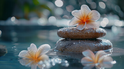 Serene spa setting with glistening stones and floating plumeria flowers