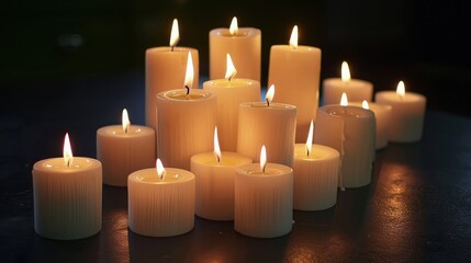 An arrangement of white burning candles on dark background beautiful candles background 