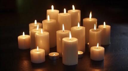 An arrangement of white burning candles on dark background beautiful candles background 