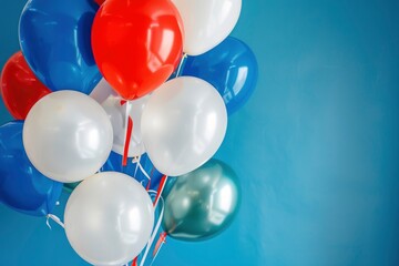 Russian national flag color balloons on blue color background. The concept of Russian national holidays: June 12 - Russian Independence. Space for with generative ai