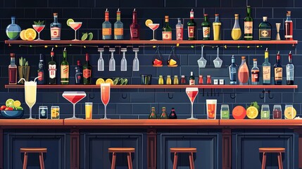 A bar counter lined with assorted bottles of alcoholic beverages and various glasses. Generative AI