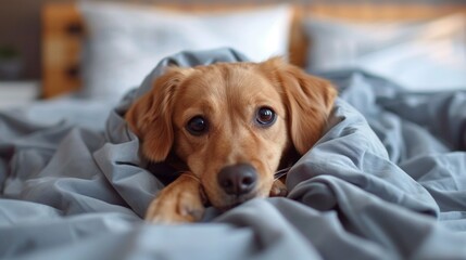 Adorable dog with soulful eyes waking up under cozy bedroom covers
