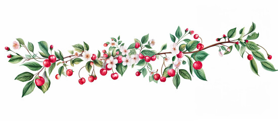 Branch with cherry, flowers and leaves. Summer and harvest. Isolated watercolor illustration on white background.