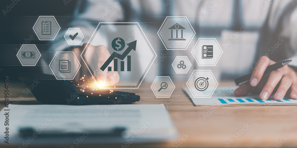 Poster statistical analyst using calculator to calculate and read reports, graphs and charts, business statistics ,Analysis and improvement of corporate strategy ,Statistics and Data Concepts