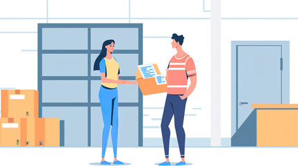 a woman and a man in a warehouse, simple flat illustration. Warehouse diversity work collaboration and inclusivity concept. Logistics merchandise distribution package delivery