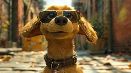 A dog wearing sunglasses and a collar is standing on a sidewalk