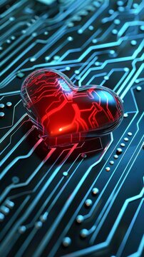 Digitally enhanced red heart emblem interacting with electronic pathways on a circuit board