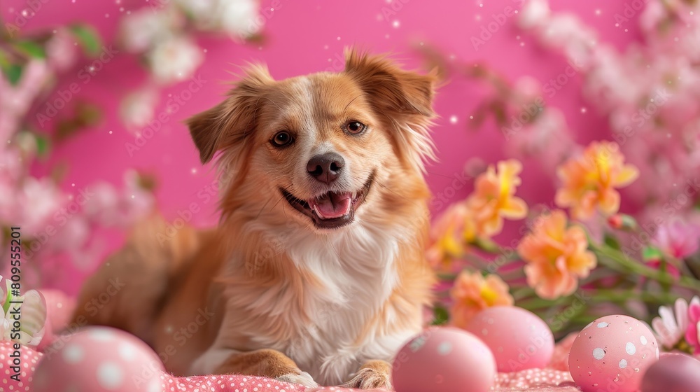 Wall mural A dog is laying on a pink bed with pink eggs around it