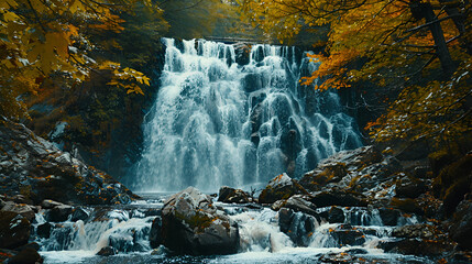 Stream in green forest Nasono shirataki falls Waterfall in the autumn forest. Autumn forest...