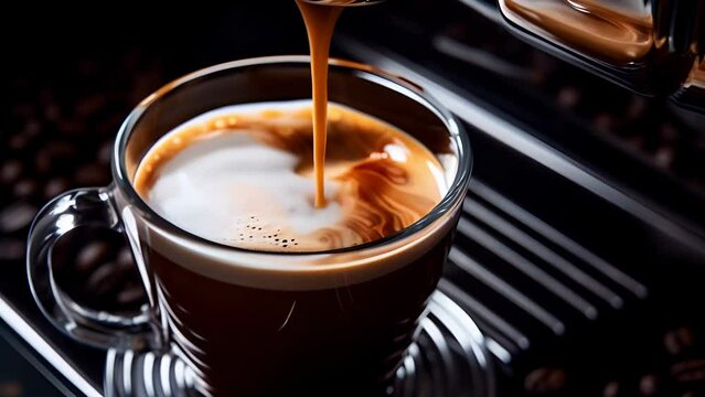Close-up of freshly brewed espresso with thick foam pouring from the coffee machine