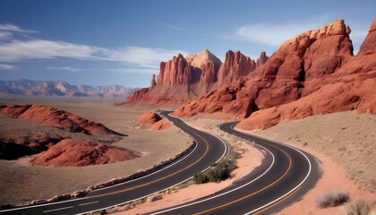 A rugged desert highway winding through red rock f