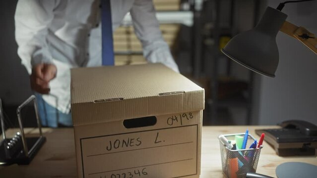Asian man in detective office handling evidence box near investigative documents and personal effects