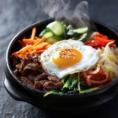 A bowl of hot stone pot bibimbap, a korean spicy  rice, fried egg, vegetables, marinated beef - Generative AI