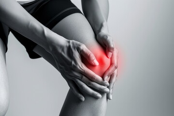 Close-up of both hands holding the pain area of the knee that glows red. Highlighting the painful area in red on a grayscale photograph. Knee joint injury, inflammation, arthritis. Generative AI