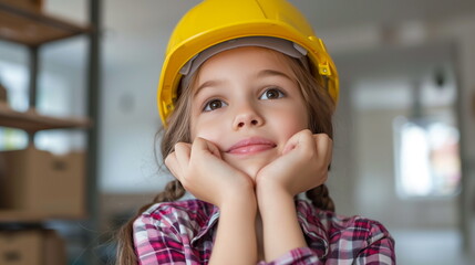 A lovely and cute 7-year-old girl is wearing a yellow hard hat on her head, resting her chin on both hands, and thinking about her future career. Generative AI